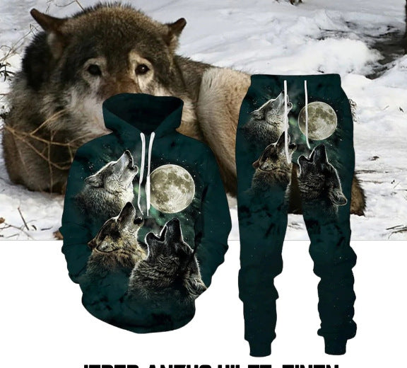 Digital Wolf Pattern Hoodie Sweater Pants Suit For Men And Women