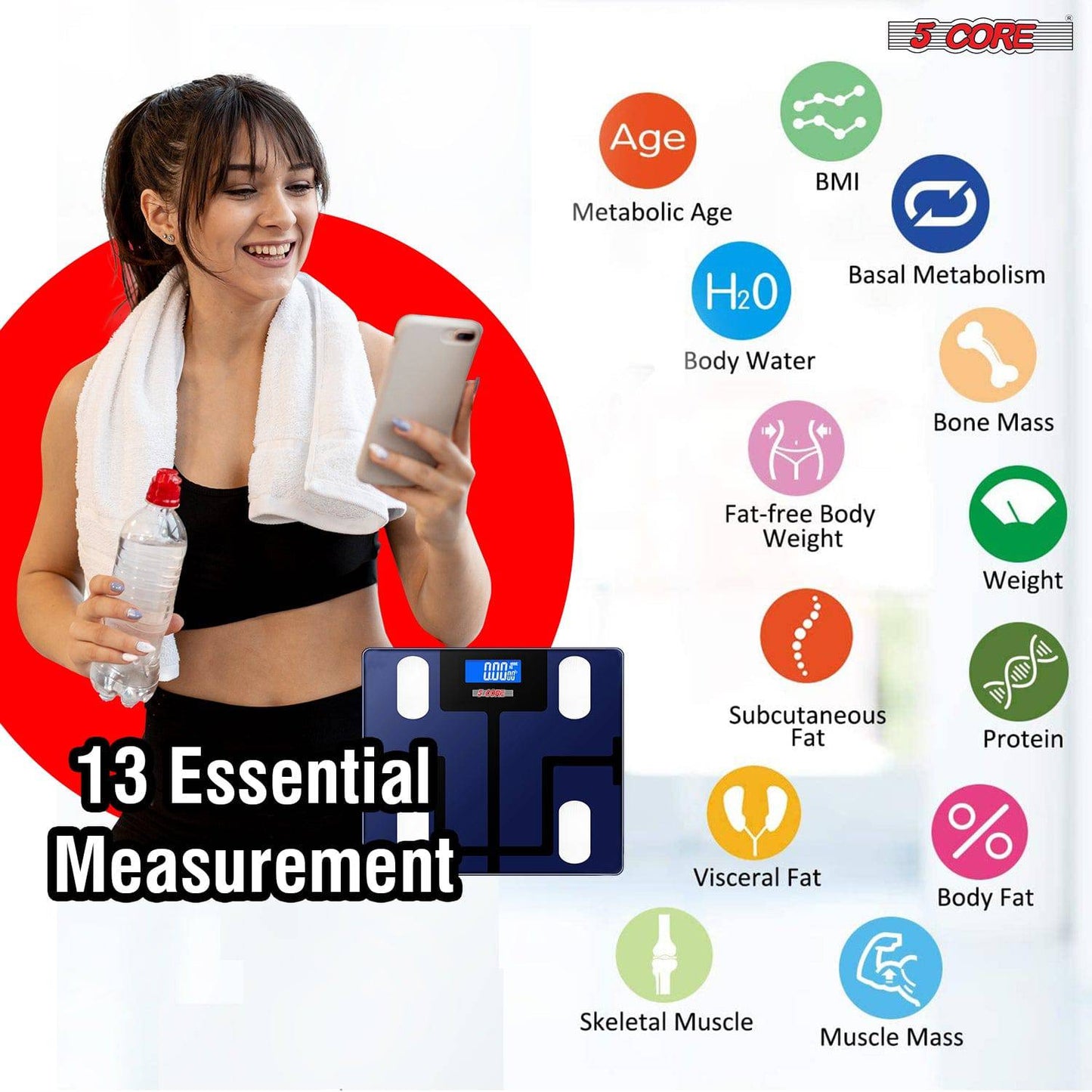 5 Core Smart Digital Bathroom Weighing Scale with Body Fat and Water