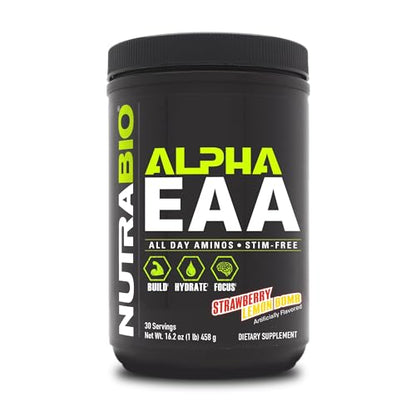 NutraBio Alpha EAA Hydration and Recovery Supplement - Full Spectrum EAA BCAA Matrix with Electrolytes, Nootropics, Coconut Water - Recovery, Energy, Focus, and Hydration Supplement - Strawberry Lemon