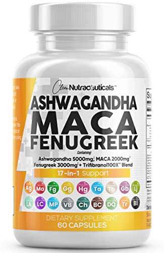 Ashwagandha 5000mg Maca Root 2000mg Fenugreek 3000mg Supplement with Tongkat Ali Ginseng - Assists with Stress, Mood & Thyroid Health - Ashwagandha Capsules Maca Pills Fenugreek Caps - 60 Count