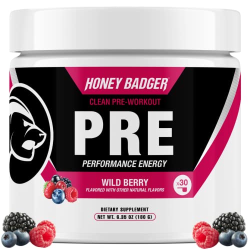 Honey Badger Pre Workout Powder, Keto Vegan Preworkout for Men & Women with Vitamin C for Immune Support, Beta Alanine & Caffeine, Sugar Free Natural Energy Supplement, Wild Berry, 30 Servings