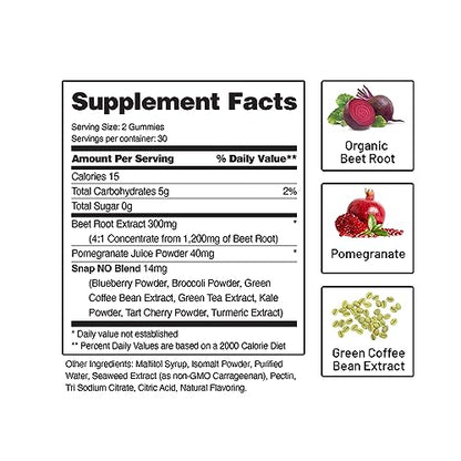 Snap Supplements Sugar Free Nitric Oxide Beet Root Gummies - Heart Health, Energy Boost, Circulation, Beet Root Chewables, Beetroot Nitric Oxide Booster, 60 Gummies