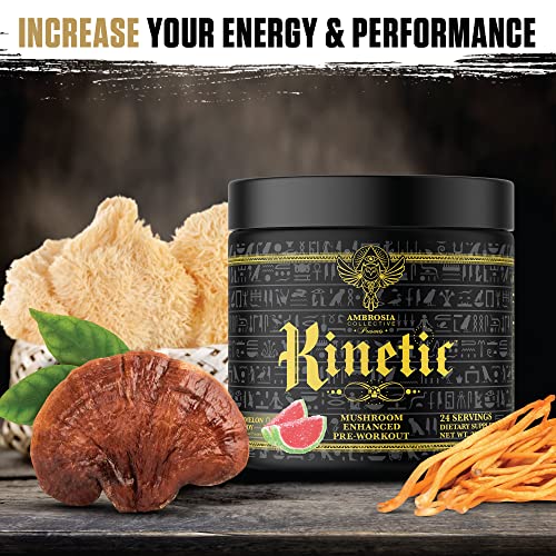 Ambrosia Kinetic Organic Preworkout, Mushroom Enhanced Natural Pre Workout Supplement, Nootropic Superfood Powder for Energy (Watermelon Candy)