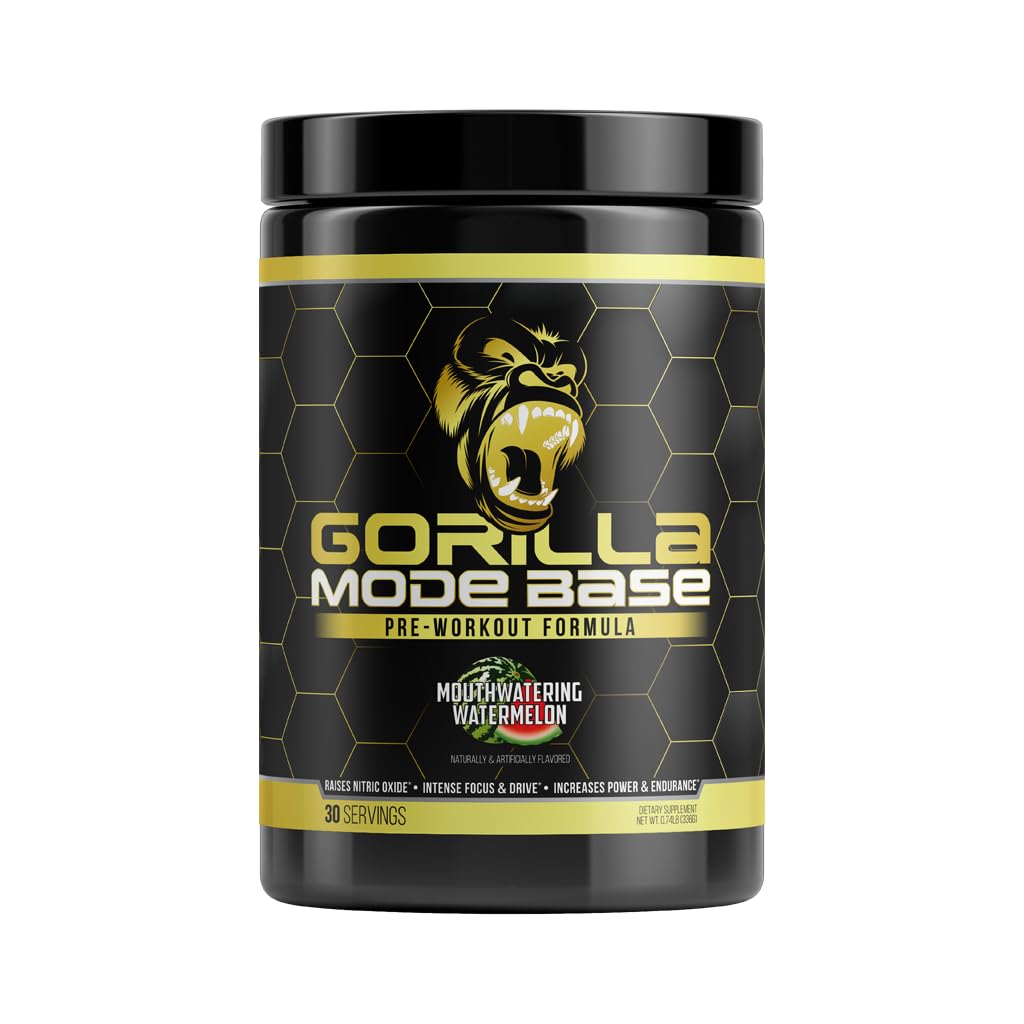 Gorilla Mode Base Pre Workout - Raises Nitric Oxide · Intense Focus & Drive · Endurance · Power - L-Citrulline, L-Tyrosine, Betaine, Alpha-GPC, Caffeine, Huperzine A - 360 Grams (Watermelon)