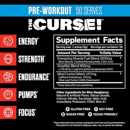 JNX SPORTS The Curse! Pre Workout Powder - Blue Raspberry 50 Servings | Preworkout: Boost Strength, Energy + Focus for Men & Women | Caffeine, Beta-Alanine, Creatine & L-Citrulline