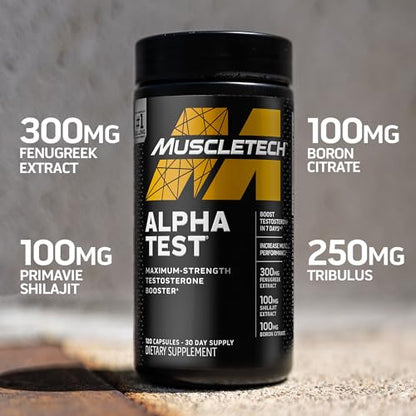 Testosterone Booster for Men, MuscleTech AlphaTest, Tribulus Terrestris & Boron Supplement , Max-Strength ATP & Test Booster, Daily Workout Supplements for Men, 120 Pills (Package May Vary)