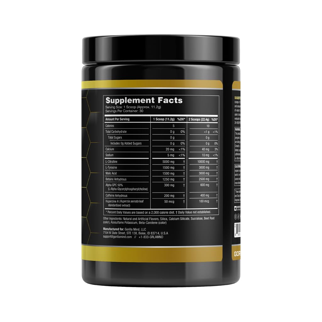 Gorilla Mode Base Pre Workout - Raises Nitric Oxide · Intense Focus & Drive · Endurance · Power - L-Citrulline, L-Tyrosine, Betaine, Alpha-GPC, Caffeine, Huperzine A - 360 Grams (Watermelon)