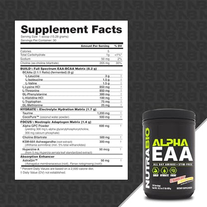 NutraBio Alpha EAA Hydration and Recovery Supplement - Full Spectrum EAA BCAA Matrix with Electrolytes, Nootropics, Coconut Water - Recovery, Energy, Focus, and Hydration Supplement - Strawberry Lemon