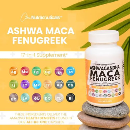 Ashwagandha 5000mg Maca Root 2000mg Fenugreek 3000mg Supplement with Tongkat Ali Ginseng - Assists with Stress, Mood & Thyroid Health - Ashwagandha Capsules Maca Pills Fenugreek Caps - 60 Count