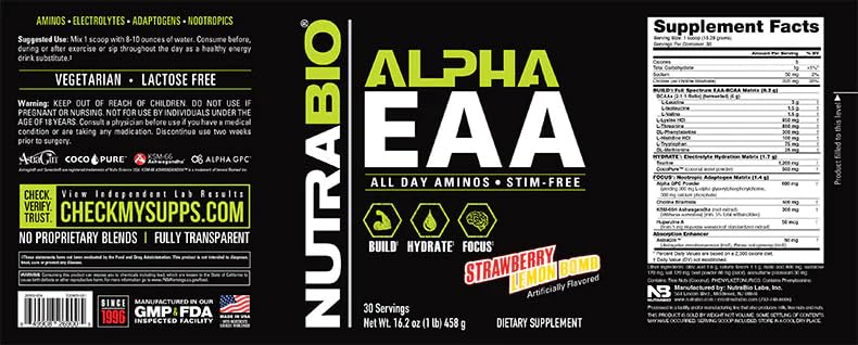 NutraBio Alpha EAA Hydration and Recovery Supplement - Full Spectrum EAA BCAA Matrix with Electrolytes, Nootropics, Coconut Water - Recovery, Energy, Focus, and Hydration Supplement - Strawberry Lemon