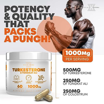 Peak Revival-X Turkesterone & Tongkat Ali 1000mg Supplement - 500mg Ajuga Turkestanica Per Serving Increase Stamina, Lean Muscle Growth & Recovery - Third Party Tested & Made in The USA (60 Capsules)