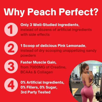 Peach Perfect Creatine for Women Booty Gain, Muscle Builder, Energy Boost, Pink Lemonade, Cognition Aid | Collagen, BCAA, lean muscle, Vegan Monohydrate Micronized Powder, Alt Creapure,30 Ser