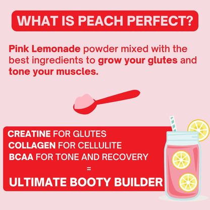 Peach Perfect Creatine for Women Booty Gain, Muscle Builder, Energy Boost, Pink Lemonade, Cognition Aid | Collagen, BCAA, lean muscle, Vegan Monohydrate Micronized Powder, Alt Creapure,30 Ser