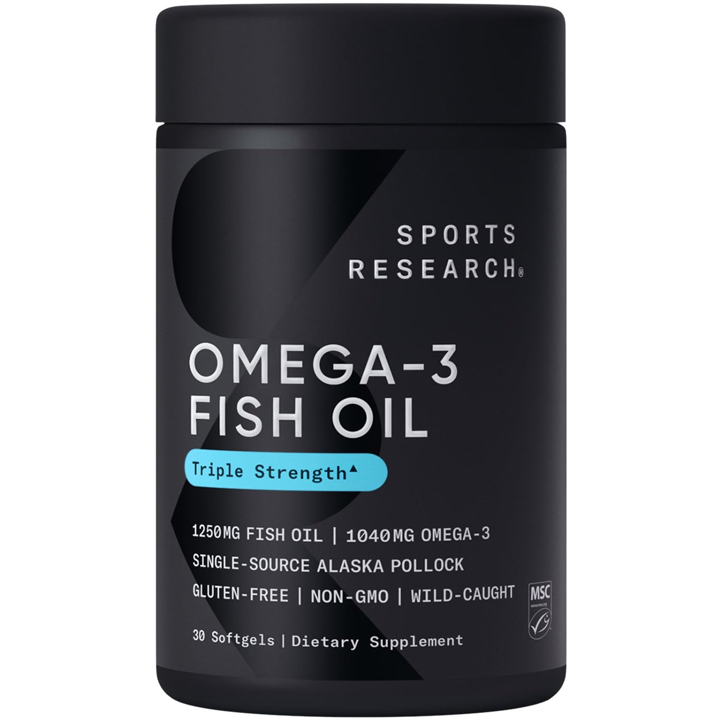 Sports Research Triple Strength Omega 3 Fish Oil 1250mg from Wild Alaska Pollock - Burpless Fish Oil Supplement with Omega3s EPA & DHA - Sustainably Sourced, Non-GMO, Gluten Free - 30 Softgels