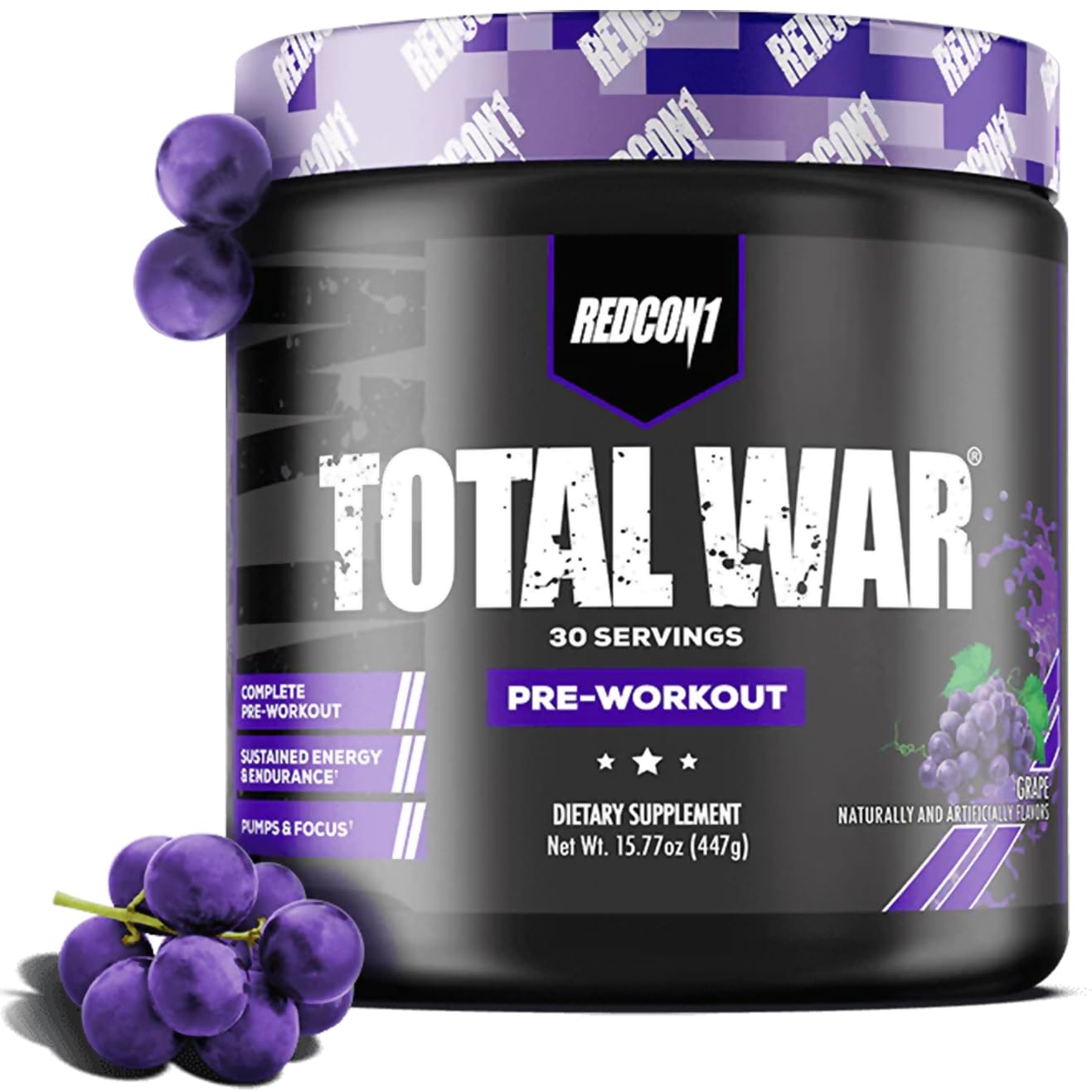 REDCON1 Total War Pre Workout Powder, Grape - Fast Acting Caffeinated Preworkout for Men + Women with Beta Alanine - Contains Citrulline Malate for Increased Pump, Blood Flow (30 Servings)