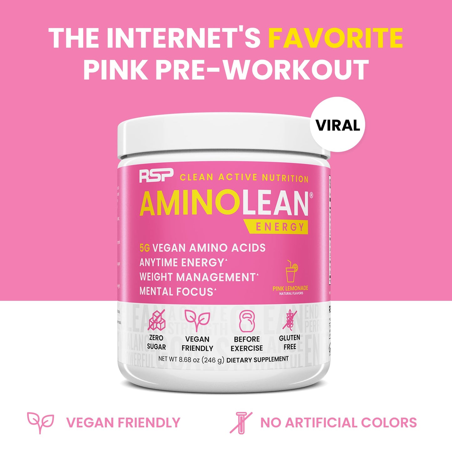 RSP NUTRITION AminoLean Pre Workout Powder, Amino Energy & Weight Management with Vegan BCAA Amino Acids, Natural Caffeine, Preworkout Boost for Men & Women, 30 Serv, Pink Lemonade…