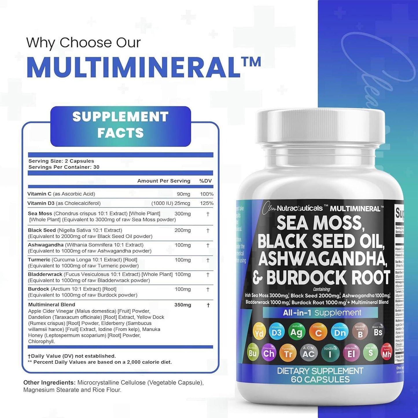 Sea Moss 3000mg Black Seed Oil 2000mg Ashwagandha 1000mg Turmeric 1000mg Bladderwrack 1000mg Burdock 1000mg & Vitamin C & D3 with Elderberry Manuka Dandelion Yellow Dock Iodine Chlorophyll ACV