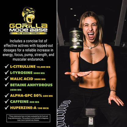 Gorilla Mode Base Pre Workout - Raises Nitric Oxide · Intense Focus & Drive · Endurance · Power - L-Citrulline, L-Tyrosine, Betaine, Alpha-GPC, Caffeine, Huperzine A - 360 Grams (Watermelon)