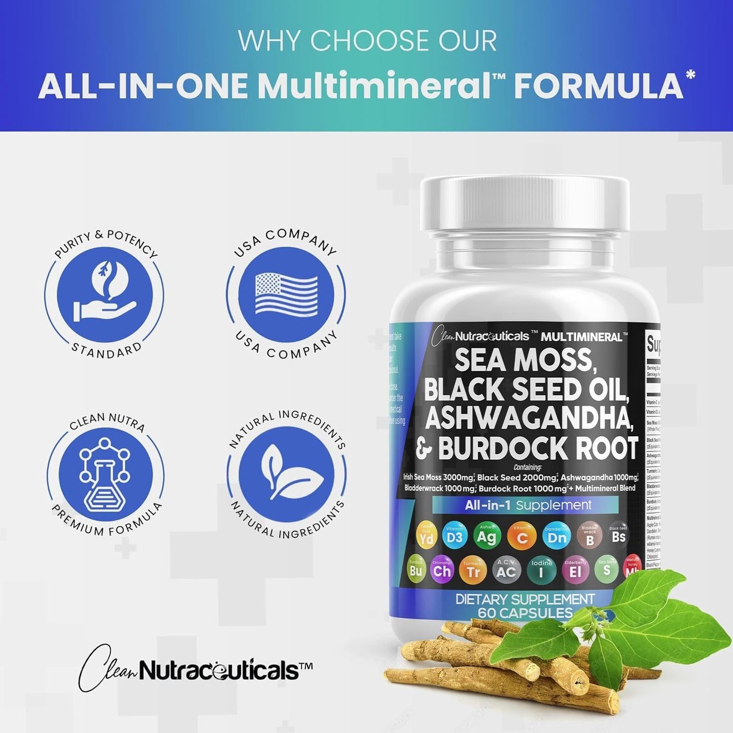 Sea Moss 3000mg Black Seed Oil 2000mg Ashwagandha 1000mg Turmeric 1000mg Bladderwrack 1000mg Burdock 1000mg & Vitamin C & D3 with Elderberry Manuka Dandelion Yellow Dock Iodine Chlorophyll ACV