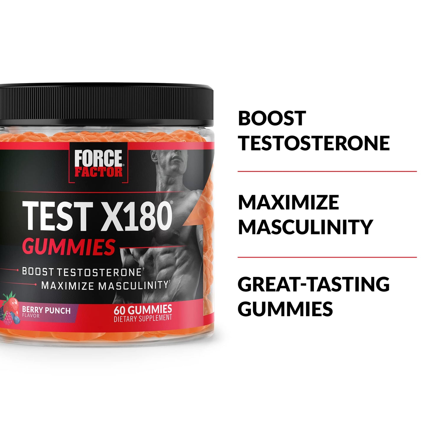 Force Factor Test X180 Gummies Testosterone Booster for Men with Tongkat Ali, Horny Goat Weed, Tribulus Terrestris, Fenugreek, & Black Maca, Supplement Men, Berry Punch, 60 Gummies, 1-Pack