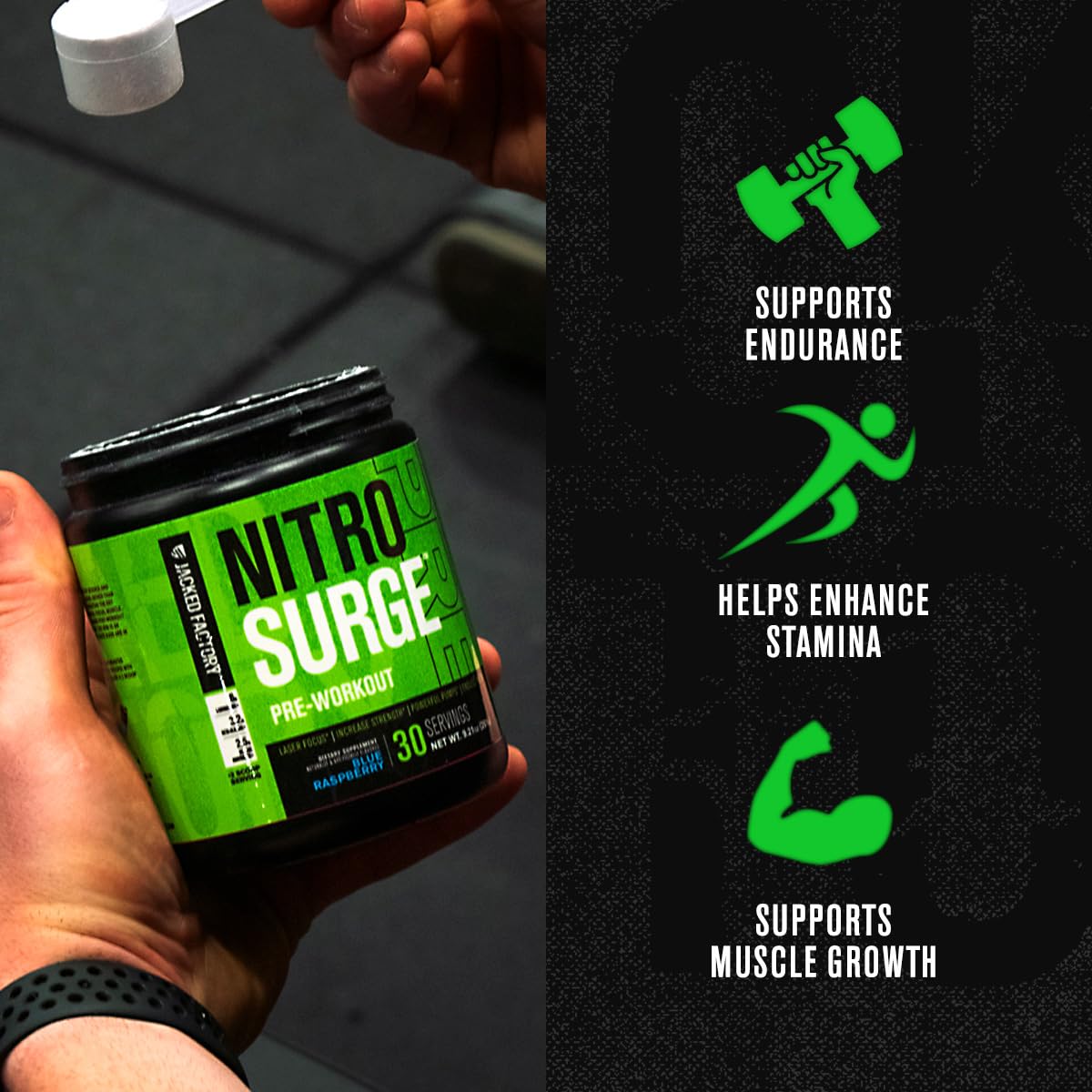 Jacked Factory NITROSURGE Pre Workout Supplement - Endless Energy, Instant Strength Gains, Clear Focus, Intense Pumps - NO Booster & Preworkout Powder with Beta Alanine - 30 Servings, Cherry Limeade