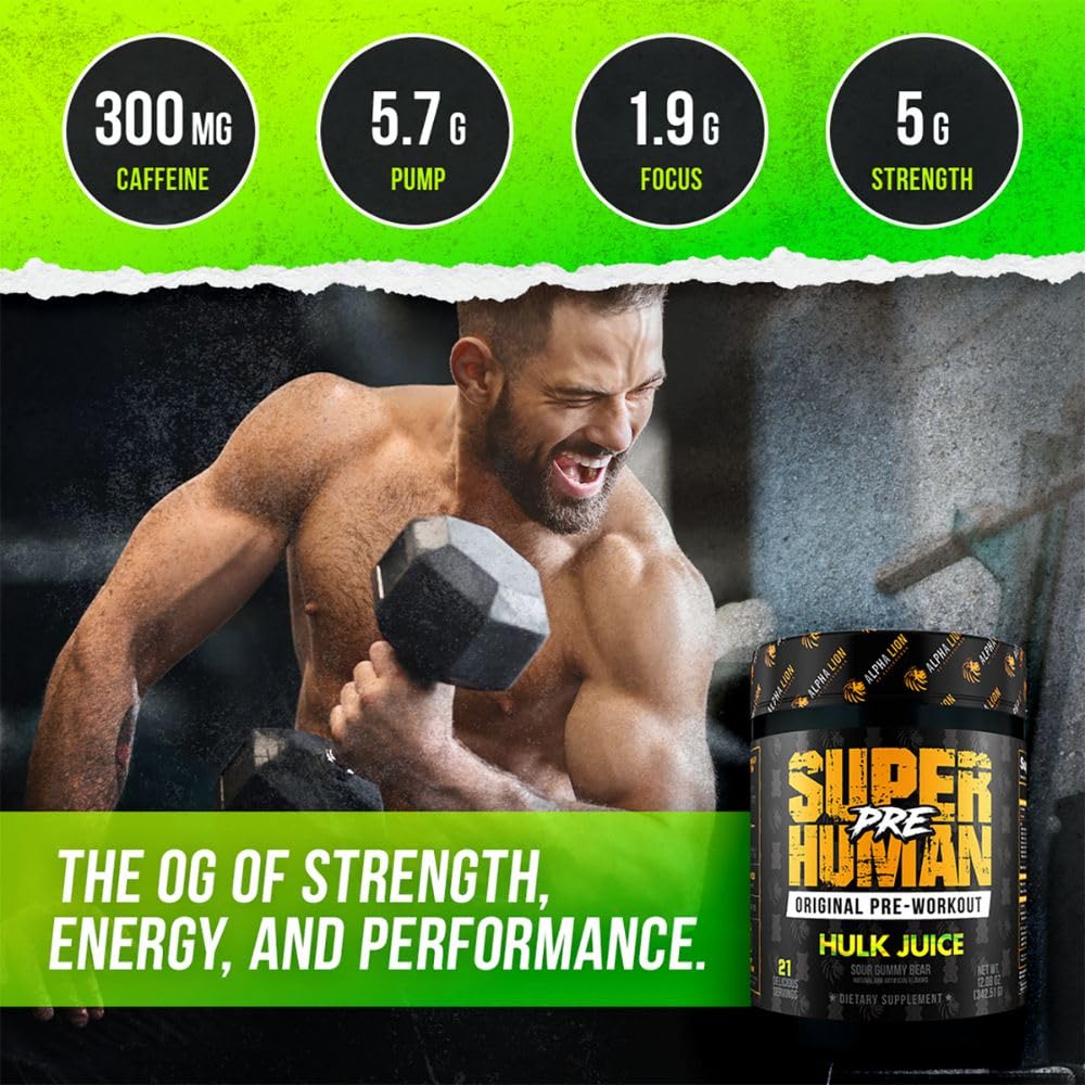 ALPHA LION Superhuman Pre Workout Powder, Beta Alanine, L-Taurine & Tri-Source Caffeine for Sustained Energy & Focus, Nitric Oxide & Citrulline for Pump (21 Servings, Hulk Juice)