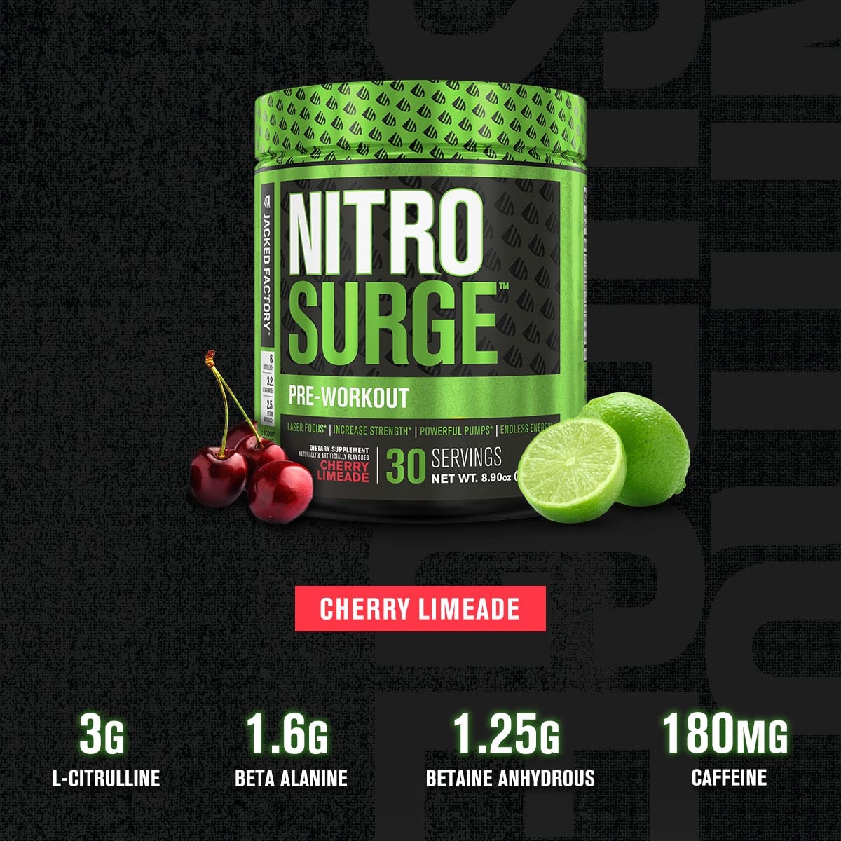 Jacked Factory NITROSURGE Pre Workout Supplement - Endless Energy, Instant Strength Gains, Clear Focus, Intense Pumps - NO Booster & Preworkout Powder with Beta Alanine - 30 Servings, Cherry Limeade