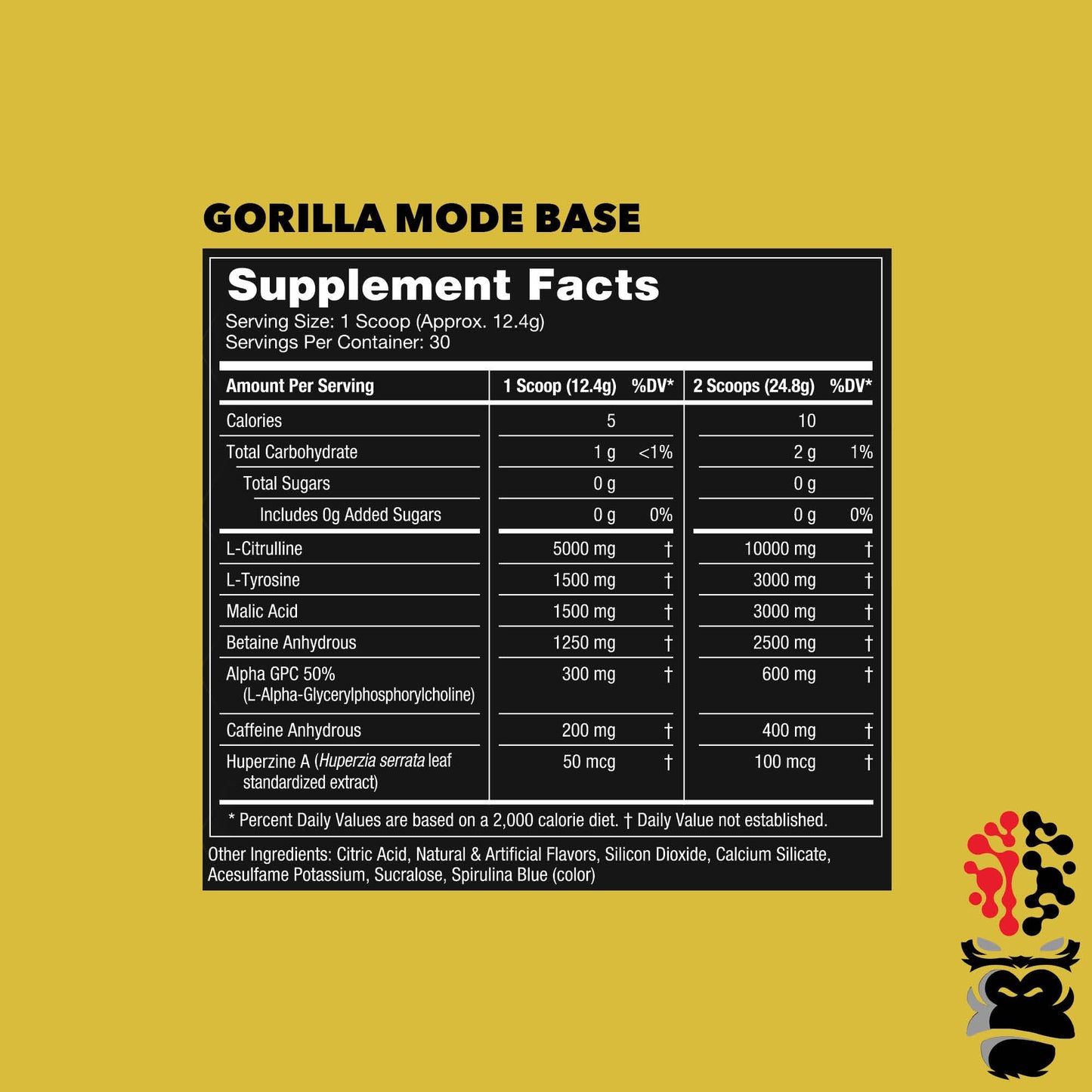 Gorilla Mode Base Pre Workout - Raises Nitric Oxide · Intense Focus & Drive · Endurance · Power - L-Citrulline, L-Tyrosine, Betaine, Alpha-GPC, Caffeine, Huperzine A - 360 Grams (Watermelon)