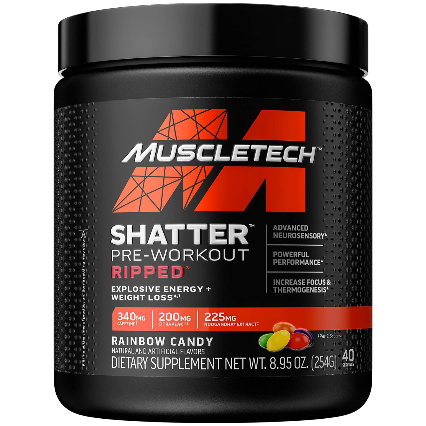 Pre Workout + Weight Loss MuscleTech Shatter Ripped Pre-Workout Pre Workout for Men & Women PreWorkout Energy Powder Drink Mix Energy + Weight Loss Formula Rainbow Candy (40 Servings)