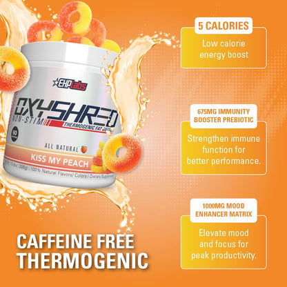 EHP Labs OxyShred Non Stimulant Thermogenic Pre Workout Powder - Stim Free Pre Workout, Caffeine Free Preworkout for Men & Women - Non Stim Preworkout - Sugar Free Energy Powder - Peach, 60 Servings