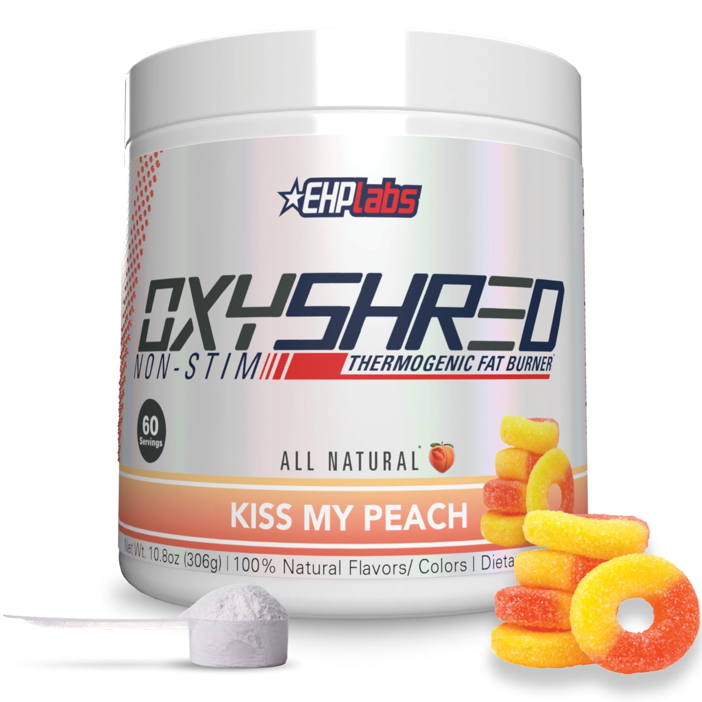 EHP Labs OxyShred Non Stimulant Thermogenic Pre Workout Powder - Stim Free Pre Workout, Caffeine Free Preworkout for Men & Women - Non Stim Preworkout - Sugar Free Energy Powder - Peach, 60 Servings