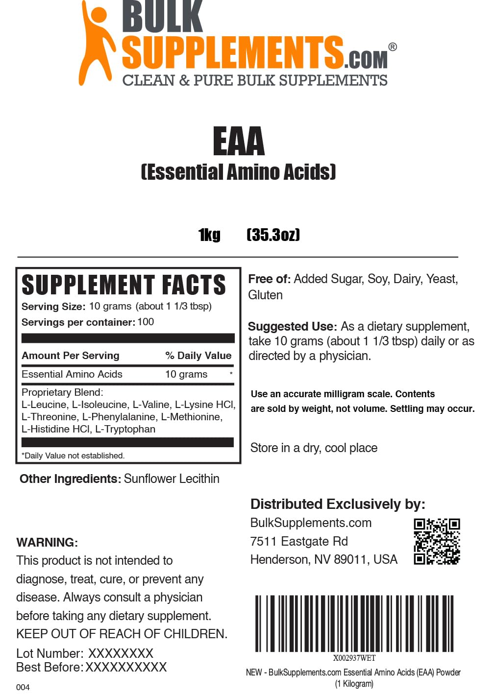 BULKSUPPLEMENTS.COM Essential Amino Acids Powder - EAA Powder, Essential Amino Acids Supplement, EAAs Amino Acids Powder - Unflavored & Gluten Free, 10g per Serving, 1kg (2.2 lbs)