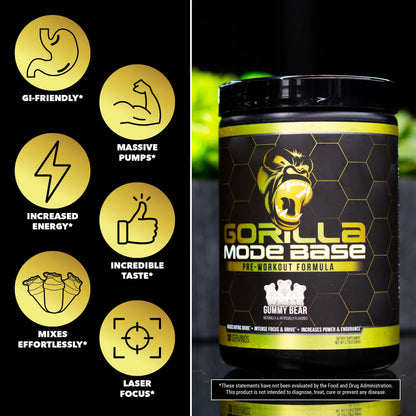 Gorilla Mode Base Pre Workout - Raises Nitric Oxide · Intense Focus & Drive · Endurance · Power - L-Citrulline, L-Tyrosine, Betaine, Alpha-GPC, Caffeine, Huperzine A - 360 Grams (Watermelon)