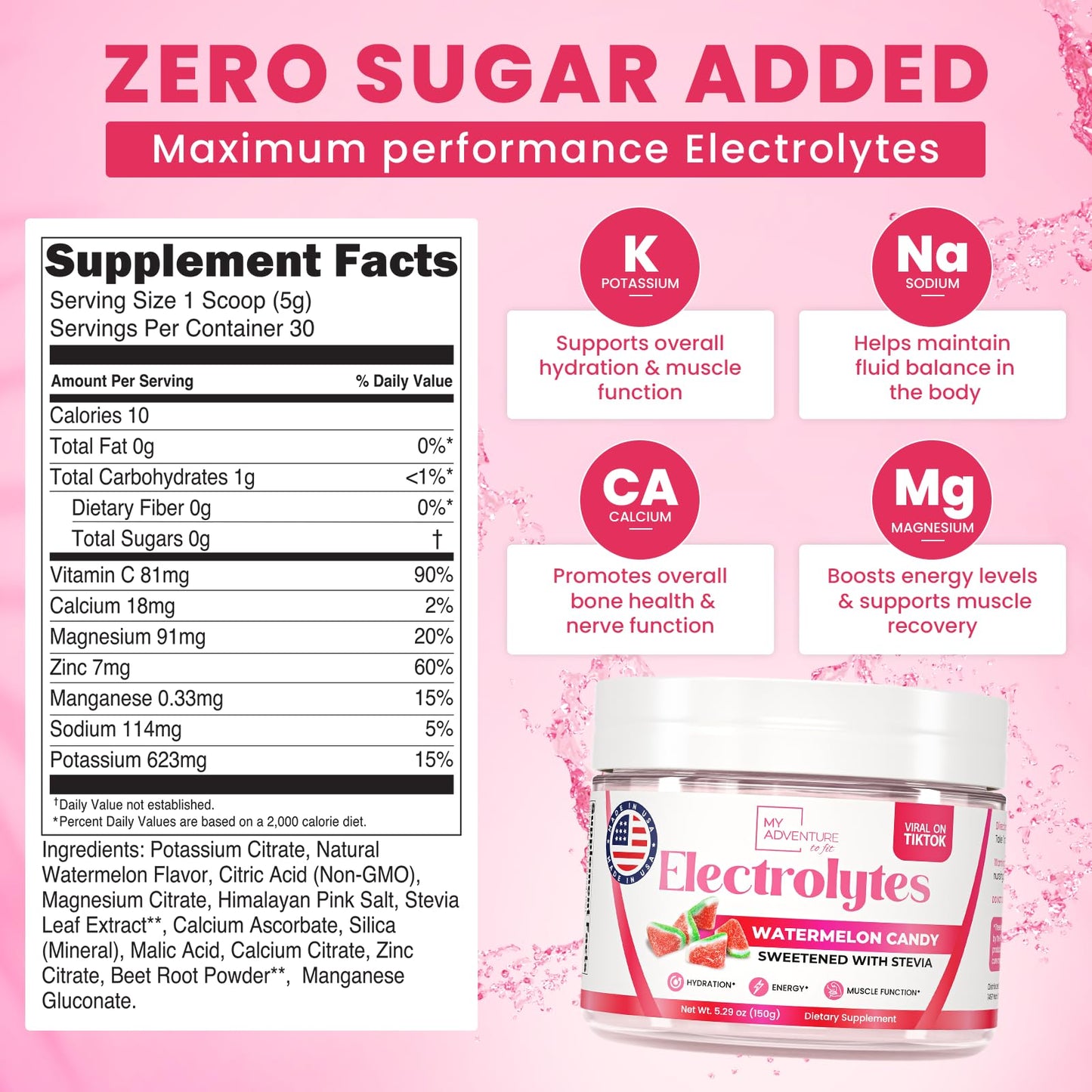 Keto Electrolytes Powder No Sugar - Made In The USA Electrolyte Mix for Women & Men - Hydrating Electrolyte Drinks for Energy, Muscle Function (Watermelon Candy, 30 Servings)