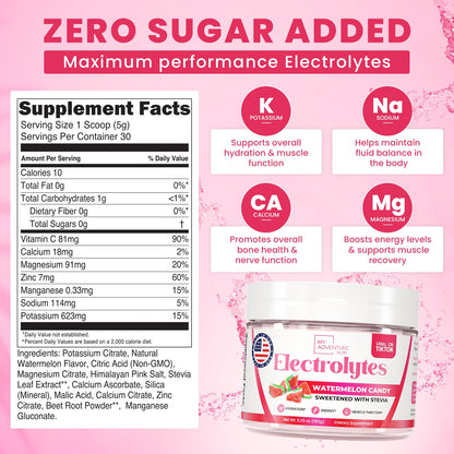 Keto Electrolytes Powder No Sugar - Made In The USA Electrolyte Mix for Women & Men - Hydrating Electrolyte Drinks for Energy, Muscle Function (Watermelon Candy, 30 Servings)