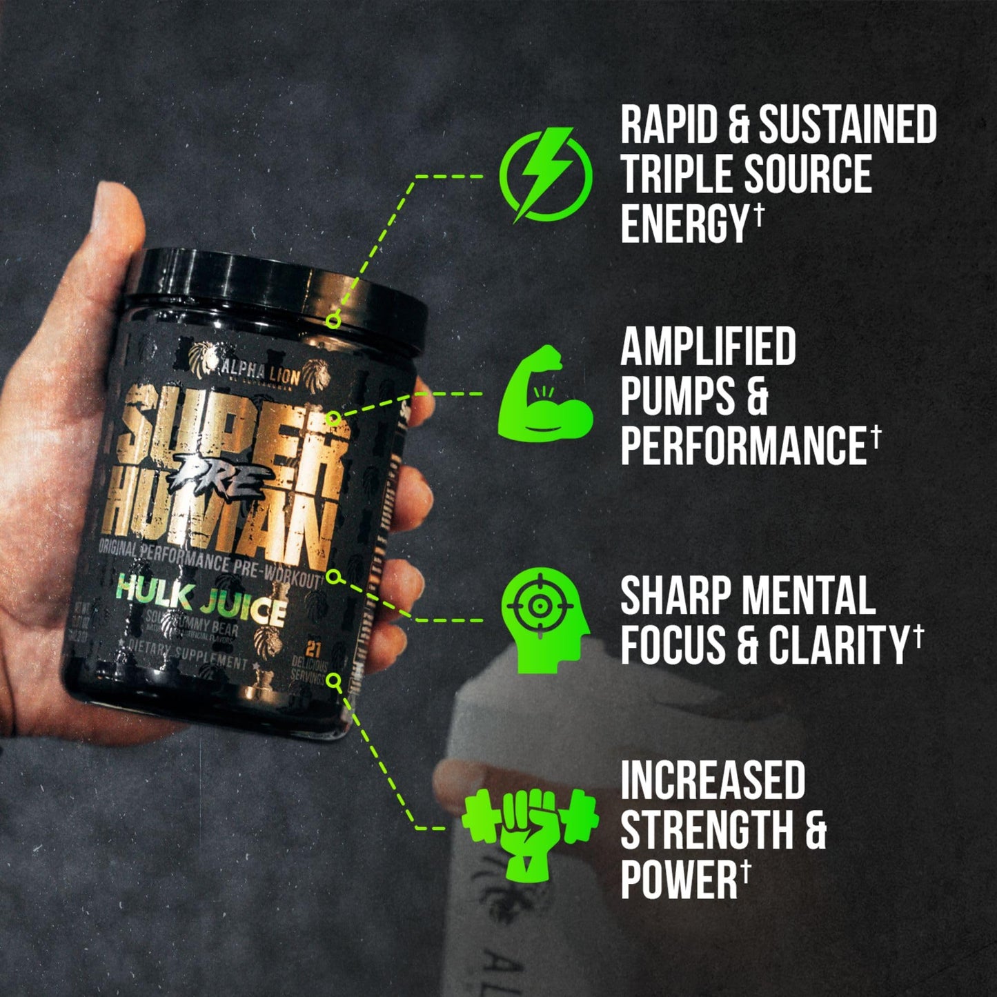 ALPHA LION Superhuman Pre Workout Powder, Beta Alanine, L-Taurine & Tri-Source Caffeine for Sustained Energy & Focus, Nitric Oxide & Citrulline for Pump (21 Servings, Hulk Juice)