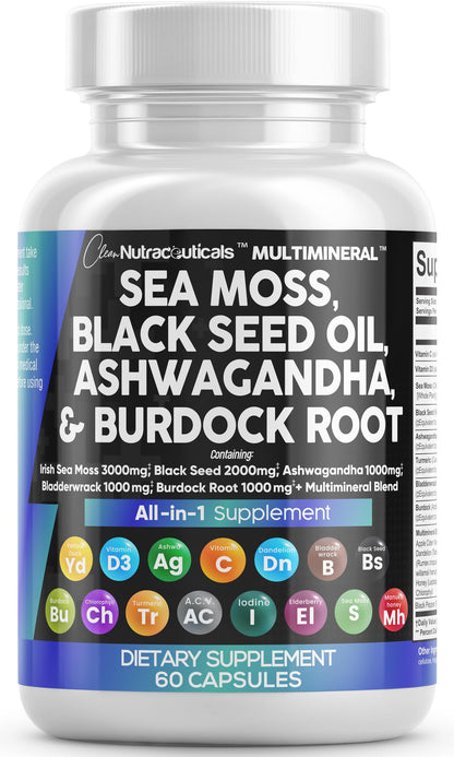 Sea Moss 3000mg Black Seed Oil 2000mg Ashwagandha 1000mg Turmeric 1000mg Bladderwrack 1000mg Burdock 1000mg & Vitamin C & D3 with Elderberry Manuka Dandelion Yellow Dock Iodine Chlorophyll ACV