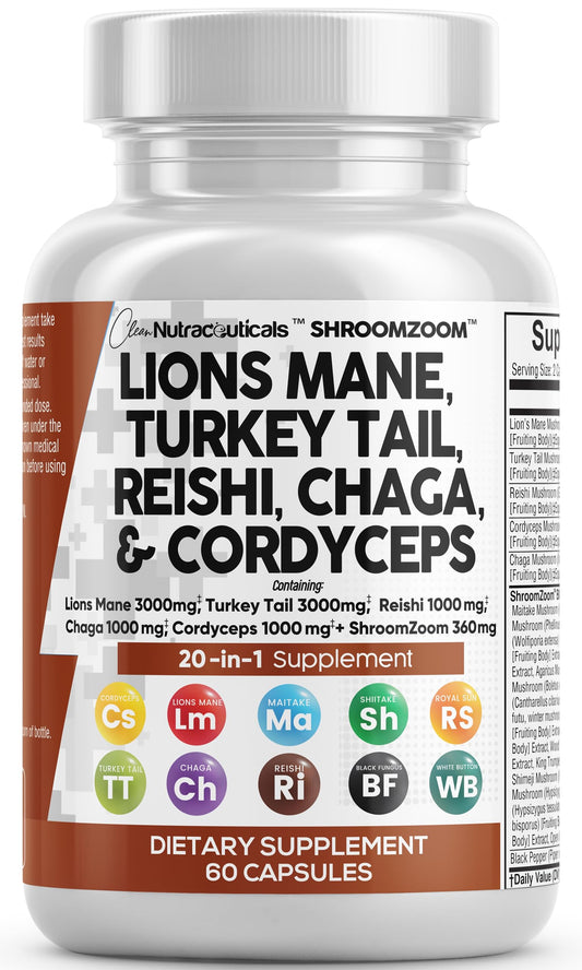 Clean Nutraceuticals Lions Mane 3000mg 20in1 Mushroom Supplement with Turkey Tail 2000mg Reishi 1000mg Cordyceps Chaga 1000mg Maitake Meshima Poria Cocos Shiitake Oyster Porcini Enoki 60 Count