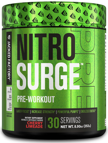 Jacked Factory NITROSURGE Pre Workout Supplement - Endless Energy, Instant Strength Gains, Clear Focus, Intense Pumps - NO Booster & Preworkout Powder with Beta Alanine - 30 Servings, Cherry Limeade