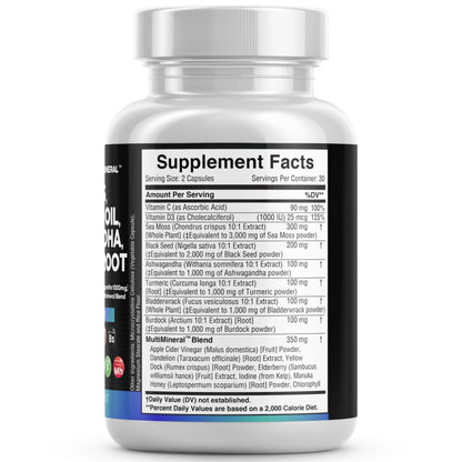 Sea Moss 3000mg Black Seed Oil 2000mg Ashwagandha 1000mg Turmeric 1000mg Bladderwrack 1000mg Burdock 1000mg & Vitamin C & D3 with Elderberry Manuka Dandelion Yellow Dock Iodine Chlorophyll ACV